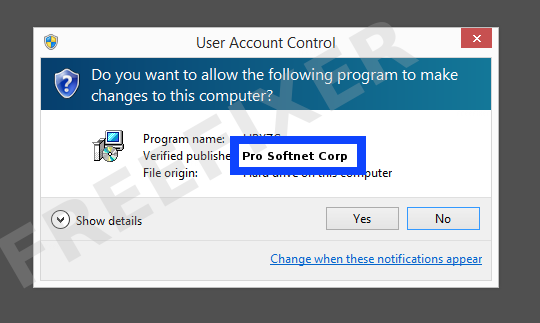 Screenshot where Pro Softnet Corp appears as the verified publisher in the UAC dialog